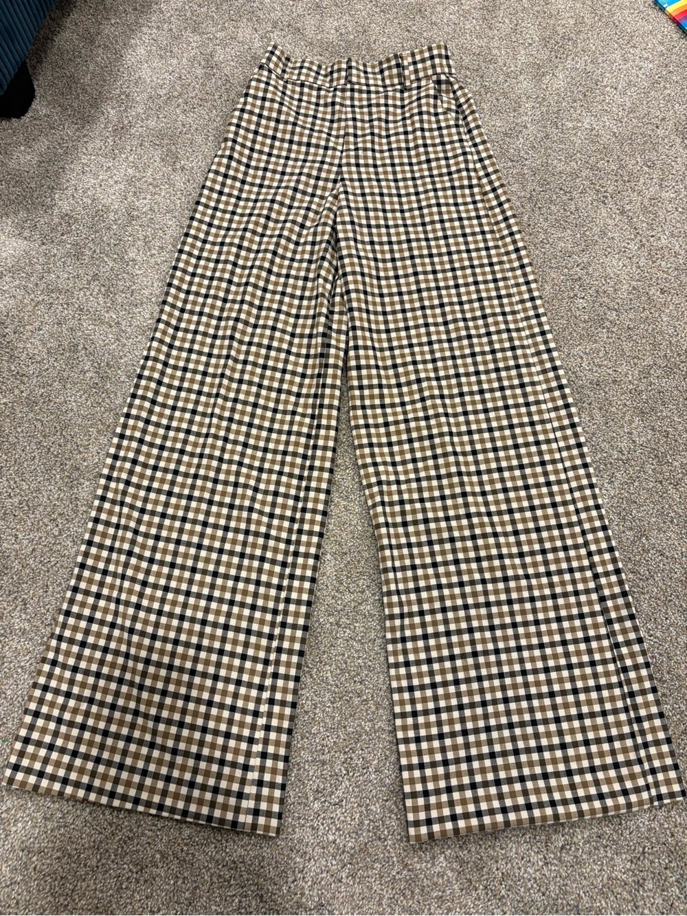 Zara Black, Tan & White Checked Wide-Leg Pants